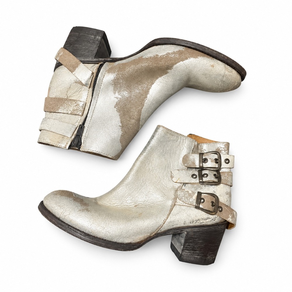 OG by Old Gringo 7B Metallic Distressed Leather Moto Western Ankle Boots Buckle
